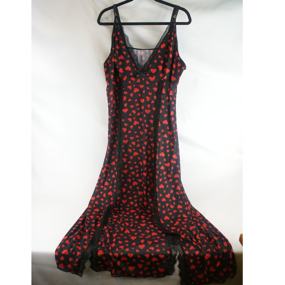 Hilinker Red Heart Print Lace Trim Nightgown Maxi Sleep Dress Black 4XL NWT